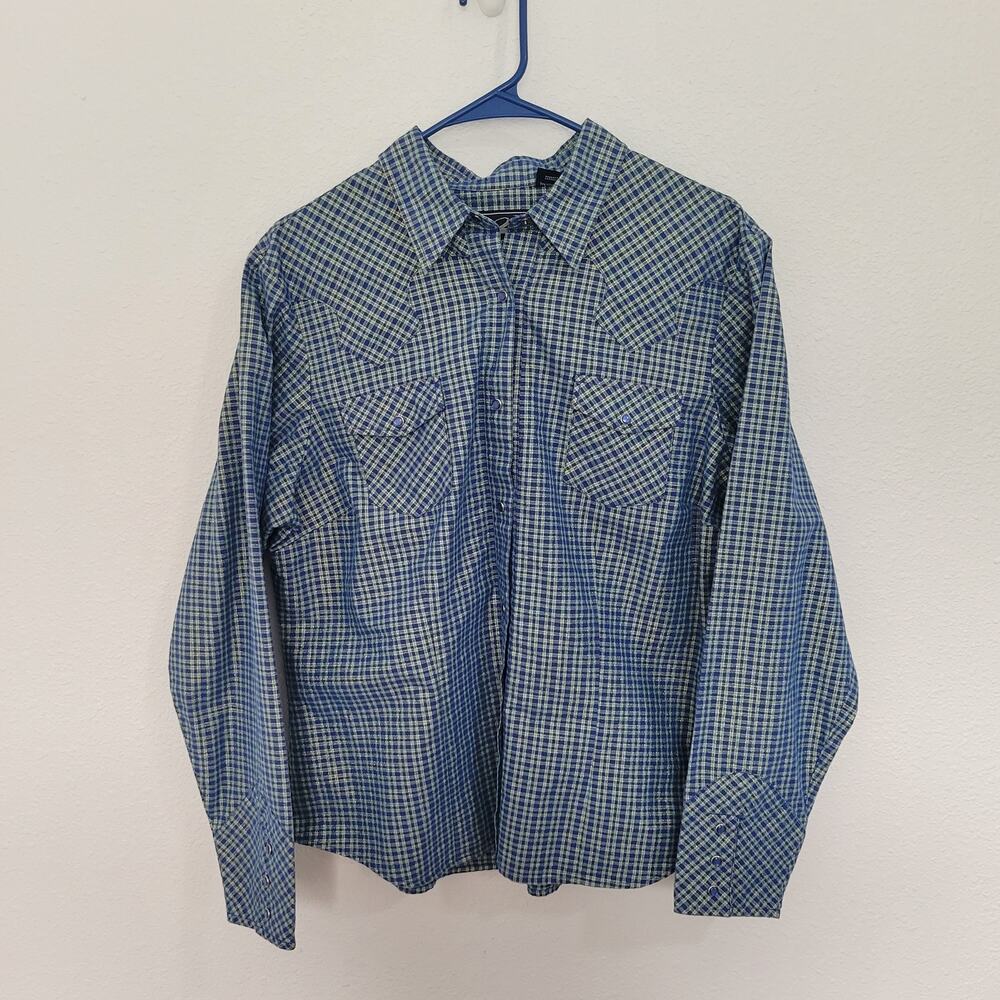 Roper Big Girls Pearl Snap Western Long Sleeve Shirt Blue & Gold Shimmer Size XL